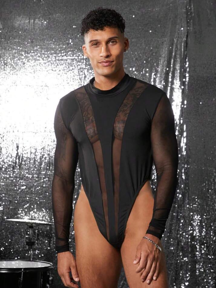 Bonga Boys Men's Mesh Patchwork Crew Neck Long Sleeve Bodysuit